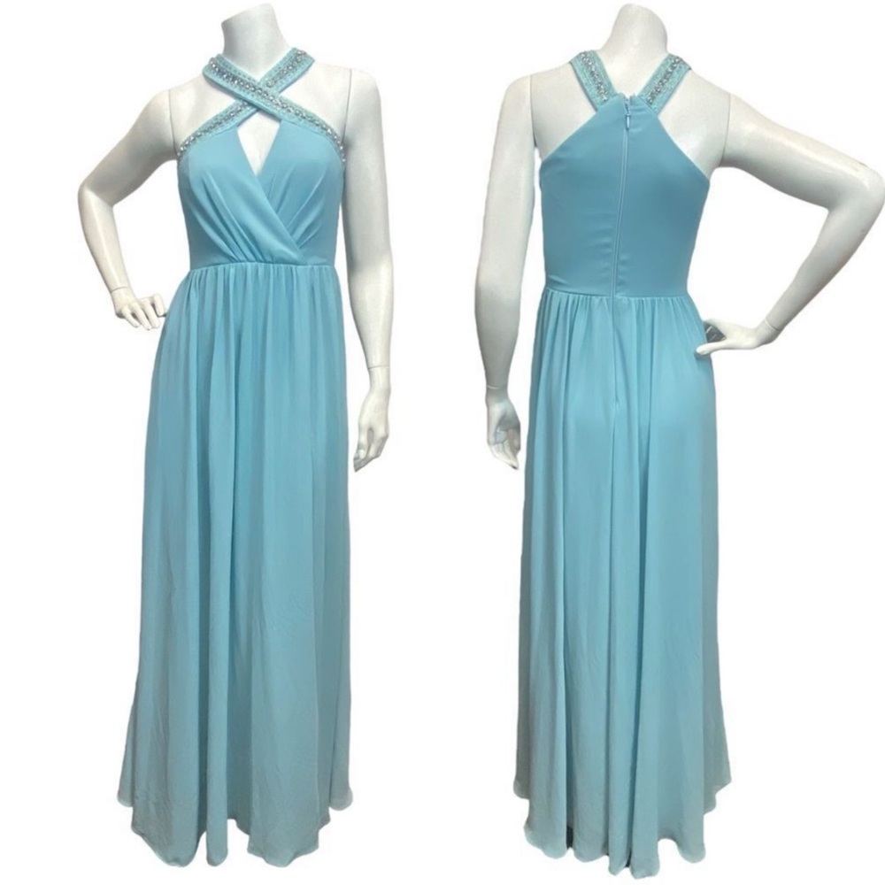 Lulus‎ Women's XS Beaded Twist Front Prom Blue Bridesmaid Chiffon Maxi Dress